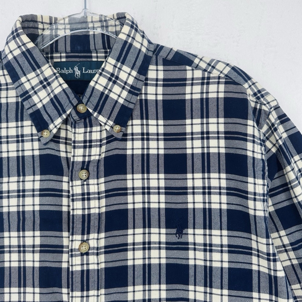 Vintage Ralph Lauren Flannel Button Down Shirt Mens Size Large Navy Blue‎ Plaid